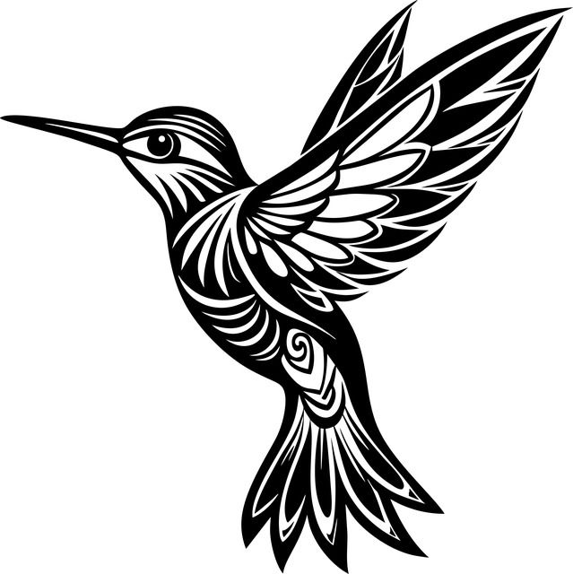 a black and white drawing of a hummingbird