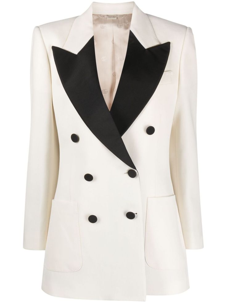 Find GUCCI Two-tone Wool Blazer on Editorialist. white/black wool shoulder pads satin peak lapels double-breasted button fastening long sleeves chest welt pocket two side patch pockets straight hem Fishnets And Boots, Casual Suit Jacket, Tuxedo Dress, Traje Casual, Tailored Design, Casual Suit, White Blazer, Ladies Dress Design, Wool Blazer