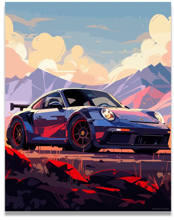 a painting of a blue and red car in front of mountains