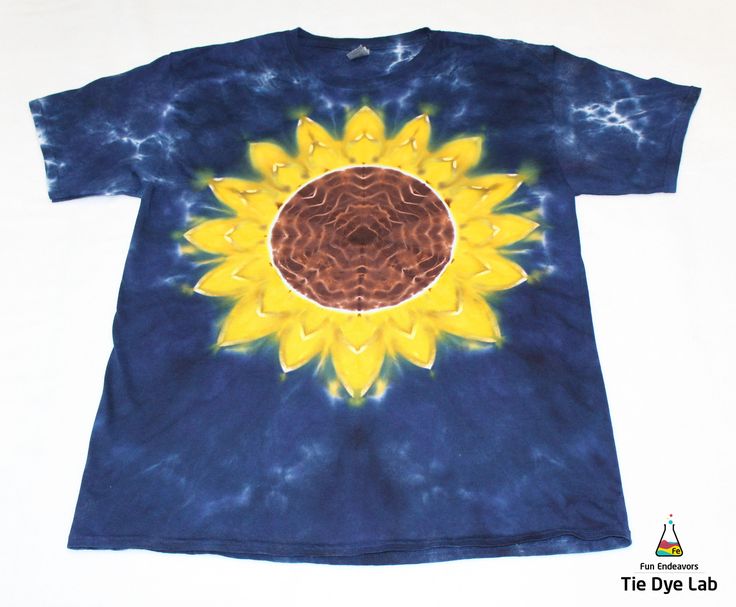 a t - shirt with a sunflower on the front and blue, yellow and brown tie dye