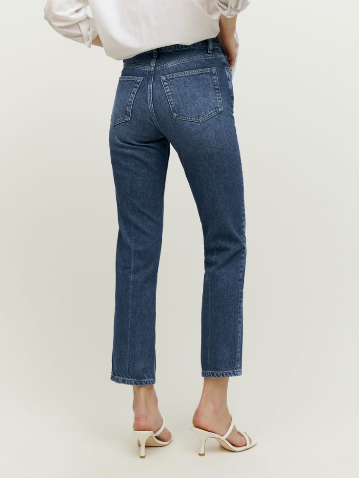 Cynthia High Rise Straight Jeans - Sustainable Denim | Reformation Straight Recycled Denim Bottoms With Pockets, Straight Bottoms With Pockets In Recycled Denim, Recycled Denim Bottoms With Five Pockets And Straight Hem, Recycled Denim Bottoms With Five Pockets, Classic Denim Bottoms With Belt Loops, Cropped Jeans In Denim Blue With Belt Loops, Straight Leg Cropped Jeans In Recycled Denim, Fitted Medium Wash Bottoms With Welt Pockets, Recycled Denim Straight Fit Bottoms With Five Pockets