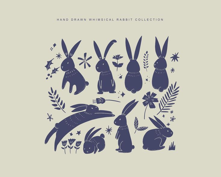 an image of rabbits and flowers in blue on a gray background with the words hand drawn animal rabbit collection