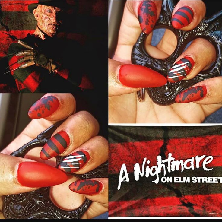 Freddy Kruger Nails Short, Horror Character Nails, Simple Freddy Krueger Makeup, Freddie Kruger Nails, Freddy Krueger Nail Art, Halloween Nails Freddy Kruger, Freddy Krueger Nails Acrylic, Jason Voorhees Nails, Freddy Krueger Makeup Women