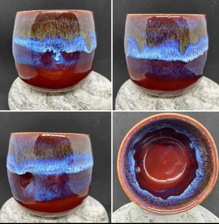 four different pictures of a vase with blue and red glaze on the outside, inside and out