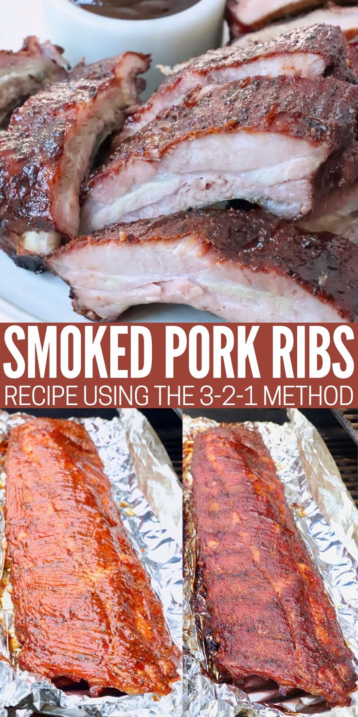 smoked pork ribs on tin foil with bbq sauce in the middle and another photo showing how to cook them