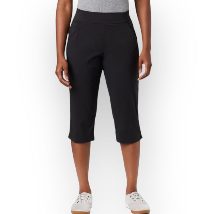 Lightweight And Breathable Capri Pants In Black With Soft And Flexible Waistband, And Hand Pockets. Stretchy, Moisture Wicking And Quick Drying. Super Comfortable! Waist 14 1/2” Rise 9 1/2” Inseam 18 1/4” 133 Outdoors Walking Hiking Trail Omni Shield Casual Athleisure Casual Summer Black Capris With Pockets For Spring, Spring Black Capris With Pockets, Casual Stretch Black Capris, Black Cropped Leg Bottoms With Elastic Waistband, Black Stretch Casual Capris, Casual Black Capris For Work, Versatile Black Cropped Leg Bottoms, Versatile Black Capris For Spring, Casual Black Knee-length Pants