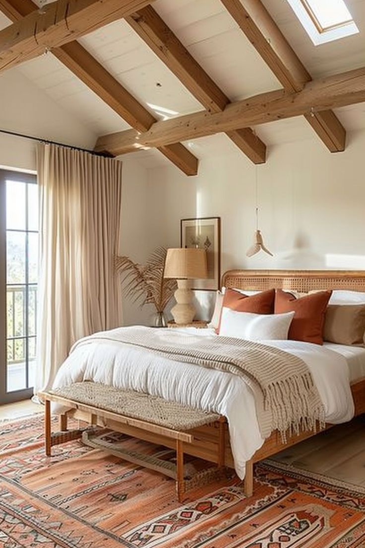 a large bed sitting in a bedroom on top of a wooden floor next to a window