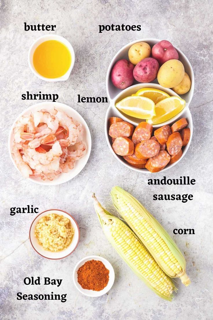 the ingredients to make this recipe include shrimp, corn, potatoes, and lemons