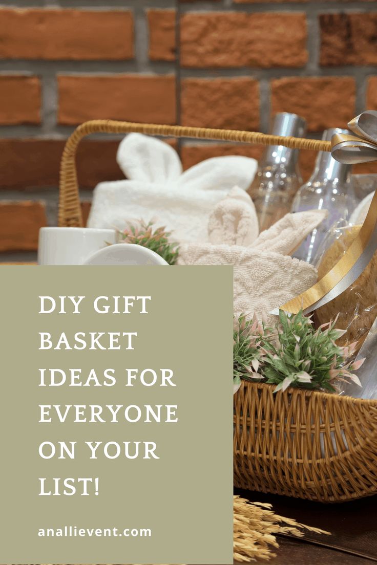 a basket filled with items sitting on top of a table next to a brick wall