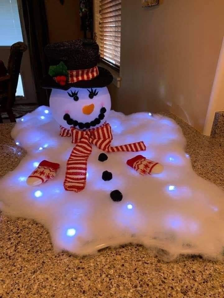 a lighted snowman sitting on top of a counter