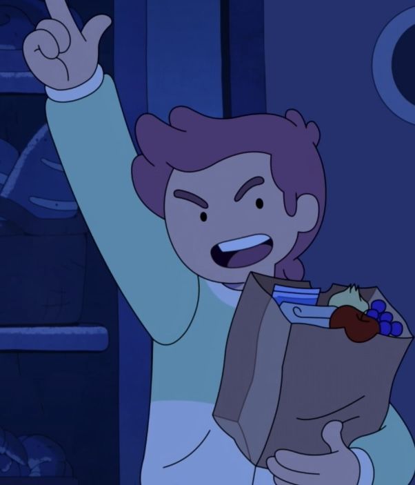 a cartoon character holding a bag and giving the peace sign with his hand in front of him