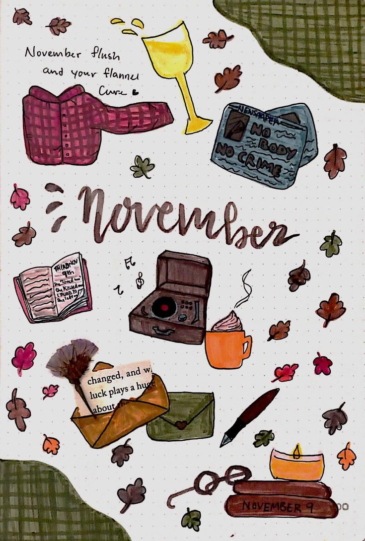 a poster with the words november surrounded by autumn leaves and other things that are on it