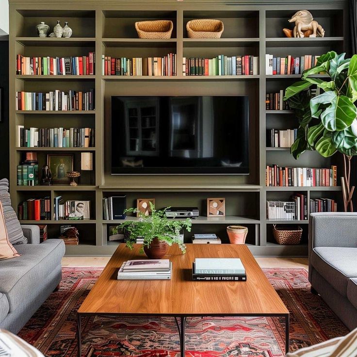 a living room filled with lots of books and furniture