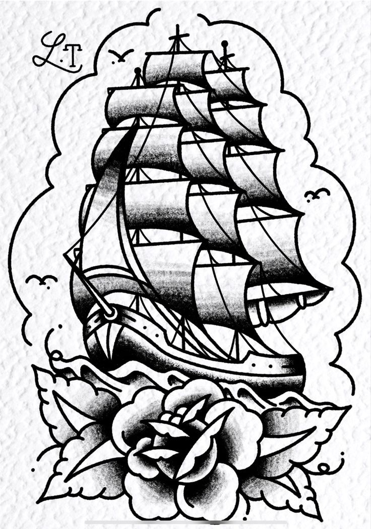 a black and white drawing of a sailboat with roses on the bottom half of it