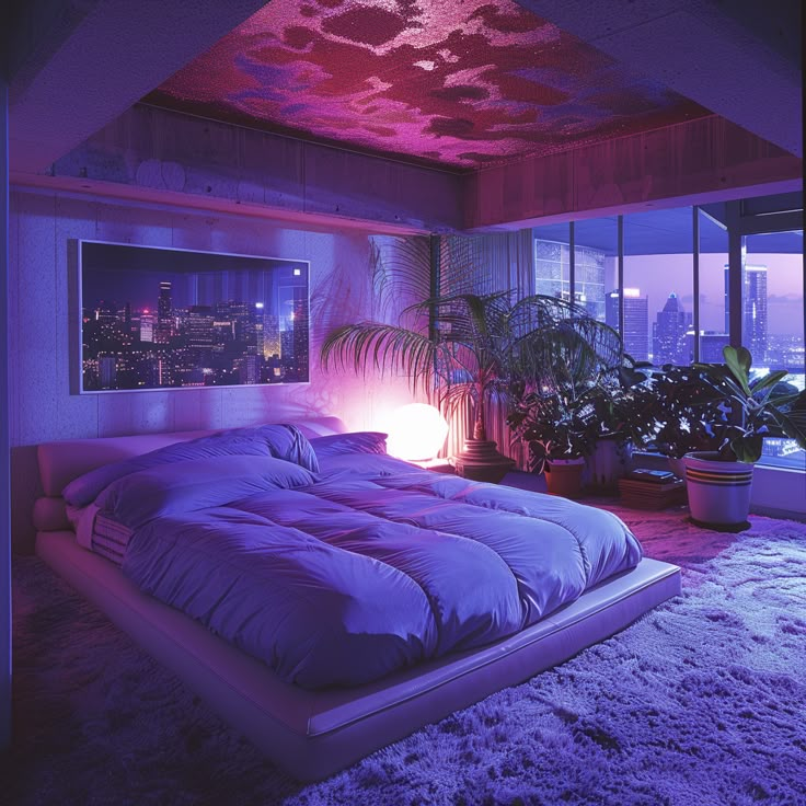 a large bed sitting in a bedroom next to a window with city lights on it