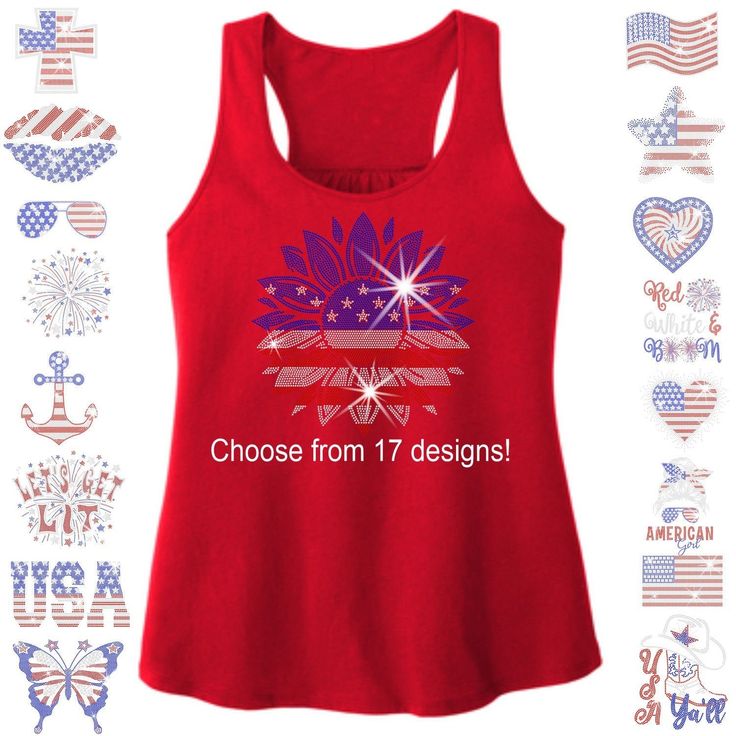 Red 4th of July Ladies Flowy Racerback Tank, Patriotic USA Bling Top, American Flag, Red White & Blue Firework - RHINESTONE or Holographic SPANGLE Sparkle Bling Ladies V-neck Shirts, Tanks, Hoodies.  Welcome to the world of mesmerizing sparkle, shimmer and ultimate self-expression with our Ladies Rhinestone and Holographic Spangle Bling Shirts! Our collection is specifically designed for those who love to stand out and shine. Each piece is carefully crafted to add a touch of glamour to your ward Blue Fireworks, Bling Top, T Shirt Styles, Bling Shirts, Rhinestone Shirts, Comparison Chart, American Pride, Shirt Styles, Lady V