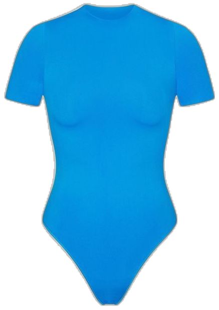 a women's blue bodysuit with short sleeves