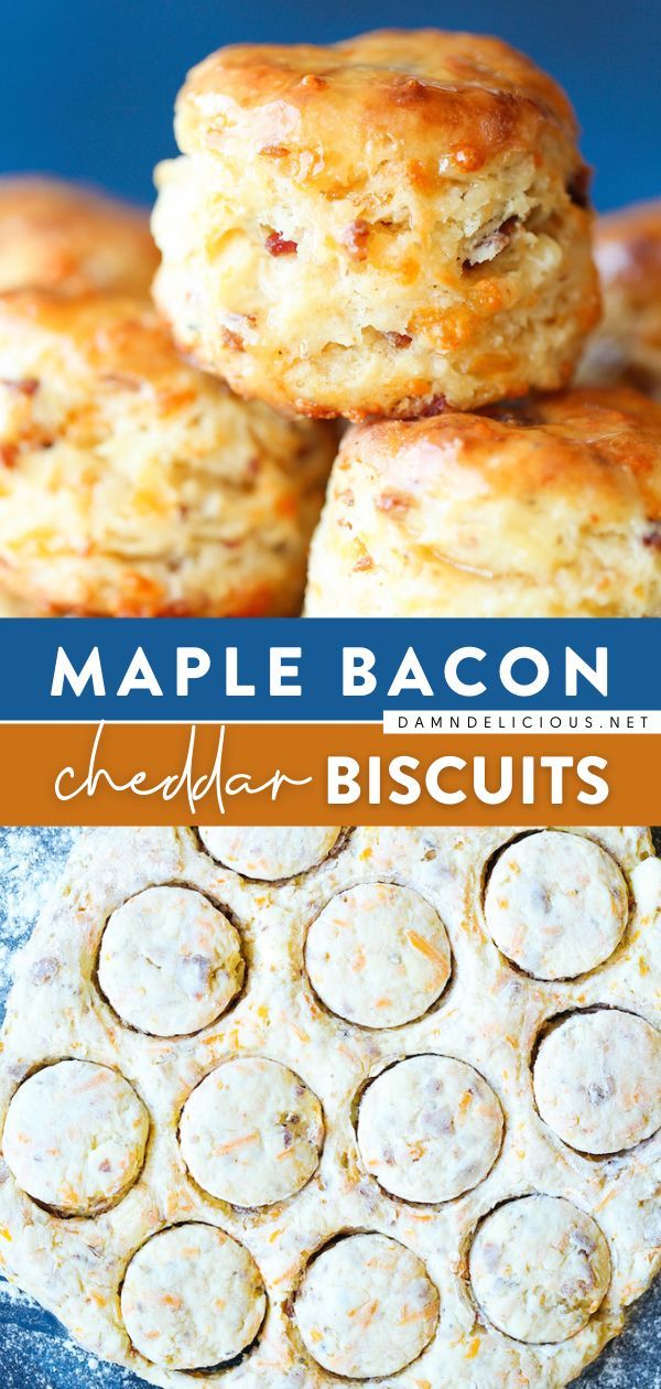 some biscuits are stacked on top of each other with the words maple bacon chedda biscuits