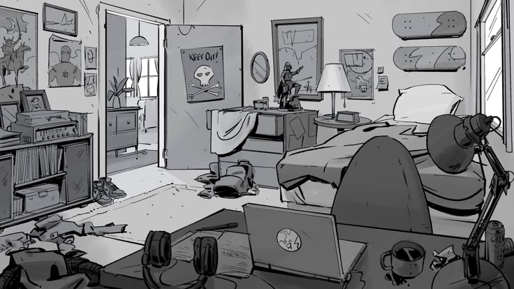 a drawing of a messy room with laptops and other items on the floor in it