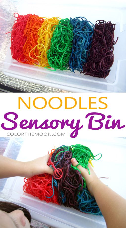 noodle's and rainbow - colored noodles in a plastic container with text overlay that says noodle's and rainbow - colored bin