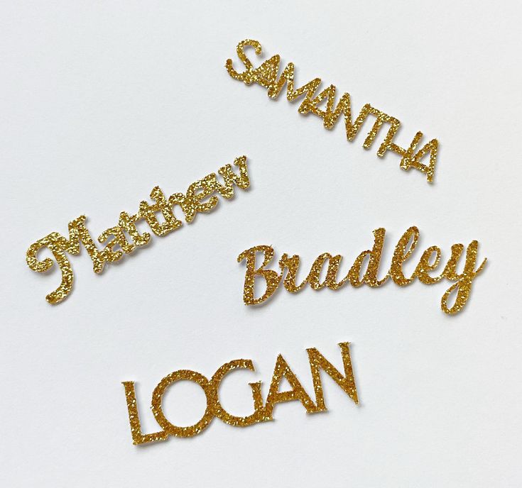 three gold glitter name stickers that spell out the word, santa fe and bradley local