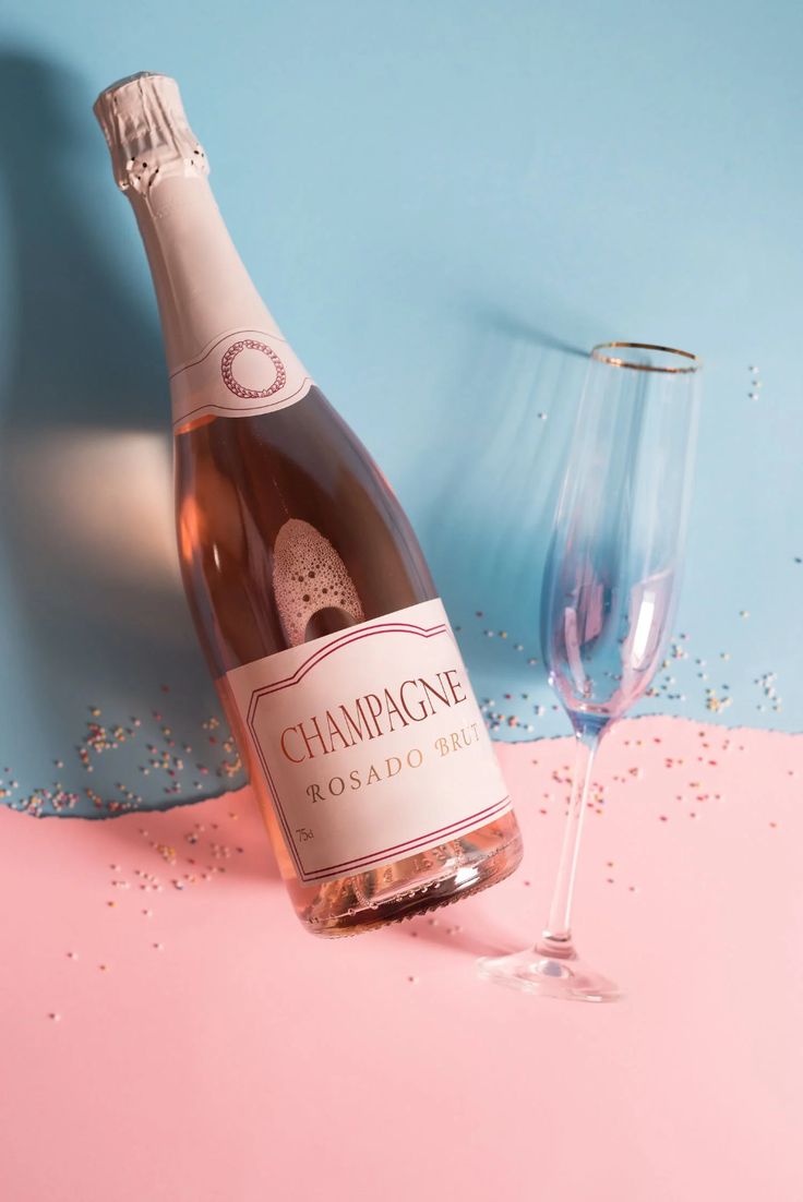 a bottle of champagne sitting next to a wine glass on a pink and blue surface