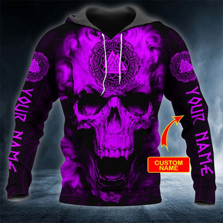 a purple hoodie with an image of a skull and the words custom name on it