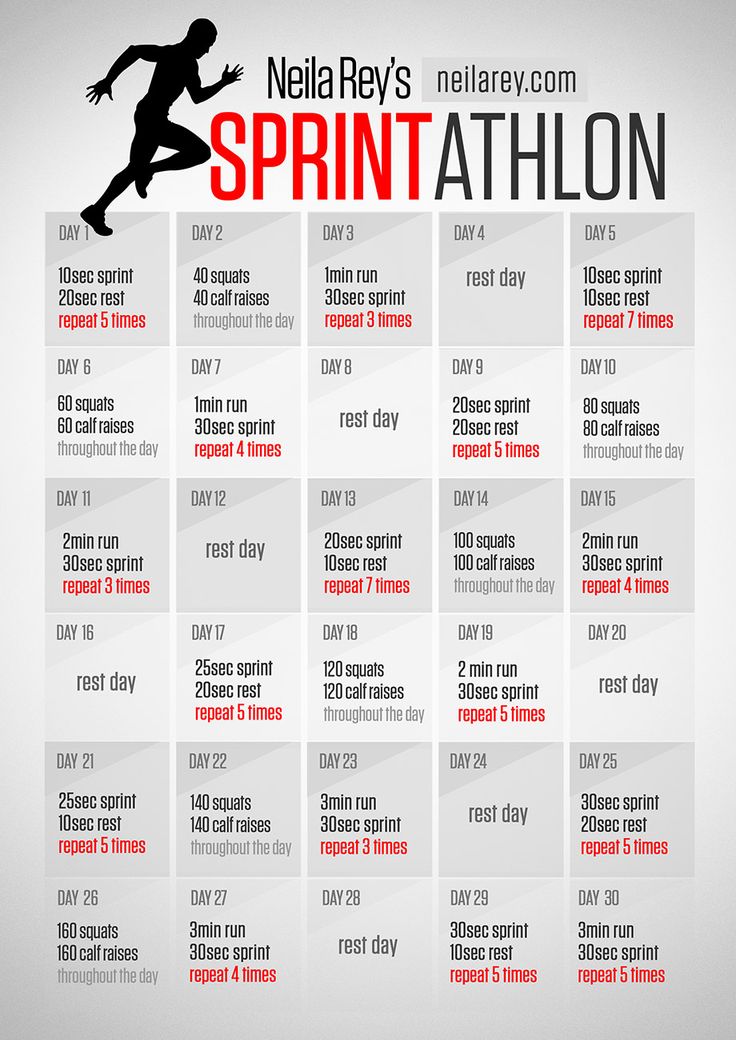 the sprintathlon 30 - day running program is shown in red and black on a gray background