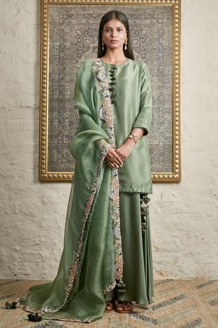 Shop for Prisho Green Silk Organza Kurta Sharara Set for Women Online at Aza Fashions Organza Kurta, Sheer Dupatta, Punjabi Suit Boutique, Maharani Designer Boutique, Embellished Buttons, Long Outerwear, Kurta Sharara Set, Kurta Sharara, Designer Punjabi Suits