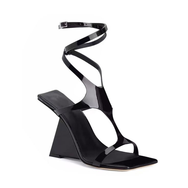 Wedged Heel Ankle Strap Adjusting Wedged Heel Sandals Vegan Patent Leather Upper Heel Height: 9.5 cm / 3.7 inch (Approx.) NOTE: Please use the chart & measurements as guide only, because sizing and measurements will vary between cuts and designs. Pointed Toe Wedge Sandals With Heel Strap For Party, Party Wedge Sandals With Single Toe Strap, Evening Wedge Sandals With Ankle Strap And 4-inch Heel, Ankle Strap Wedge Sandals With 4-inch Heel For Evening, Party Open Toe Wedge Sandals With Sculpted Heel, Evening Closed Toe Wedge Sandals With Heel Loop, Party Wedge Sandals With Sculpted Heel And Open Toe, Evening Wedge Sandals With Single Toe Strap For Summer, Modern Party Wedge Sandals With Wrapped Heel