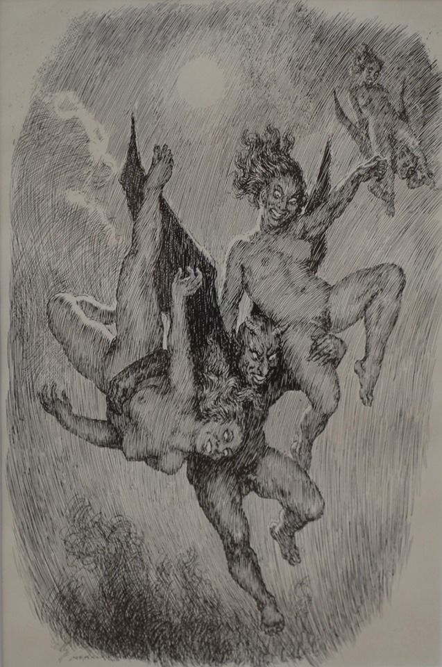 Devil & Witches by Norman Lindsay (1879 – 1969) Norman Alfred Williams Lindsay, Witches Dance, Norman Lindsay, Esoteric Art, Creepy Pictures, Macabre Art, Occult Art, Biblical Art, Black White Art