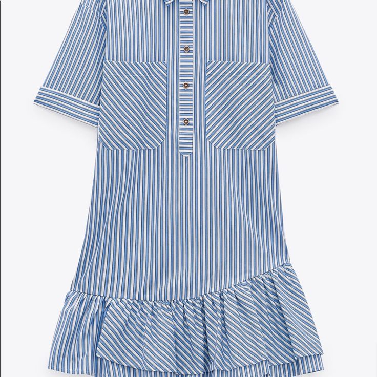 Zara Ruffled Mini Dress - Size: Available In Size Xs And S. - Color: Blue/White. - Materials: 100% Cotton. - Lapel Collar Dress With Short Cuffed Sleeves. - Front Patch Pockets. - Flounced Hem. - Front Button Closure. Lapel Collar Dress, Ruffled Mini Dress, Ruffle Mini Dress, Red Valentino, Summer Kids, Collar Dress, Lapel Collar, Zara Dresses, Colorful Dresses