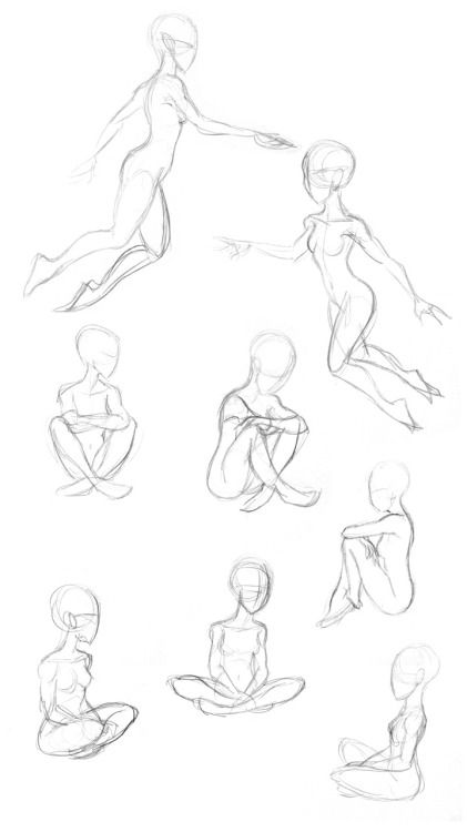 some sketches of people sitting and standing in different positions, with one hand on the ground