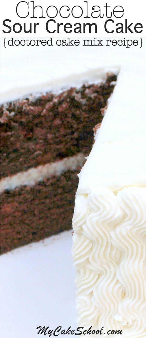 a close up of a slice of cake on a plate with the text chocolate sour cream cake