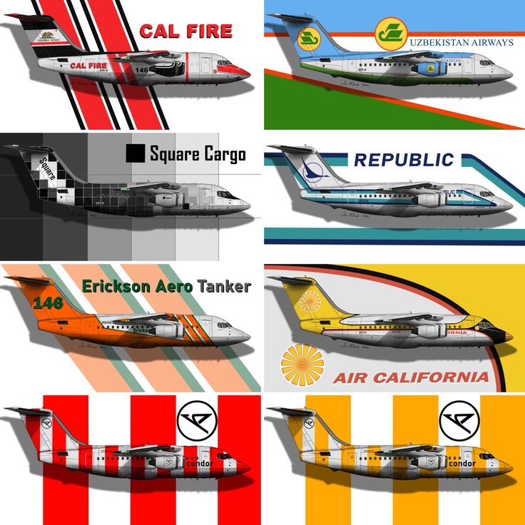 four different types of airplanes are shown in this graphic art work, each with their own name on the side