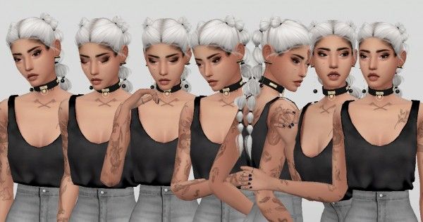 multiple images of the same woman with white hair and tattoos on her arms, both wearing black