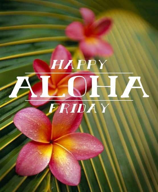 happy aloha friday with flowers and palm leaves