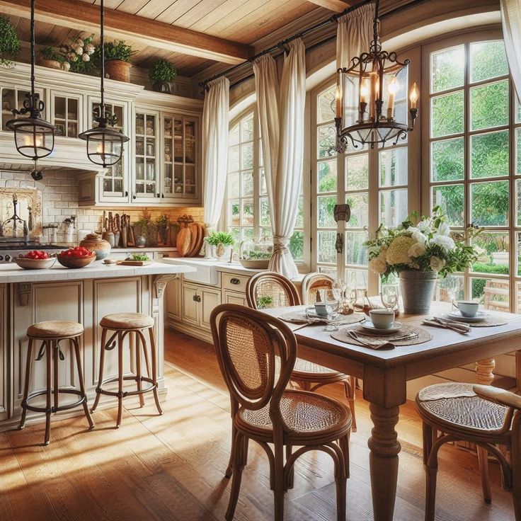 a kitchen filled with lots of counter top space next to a dining room table and chairs