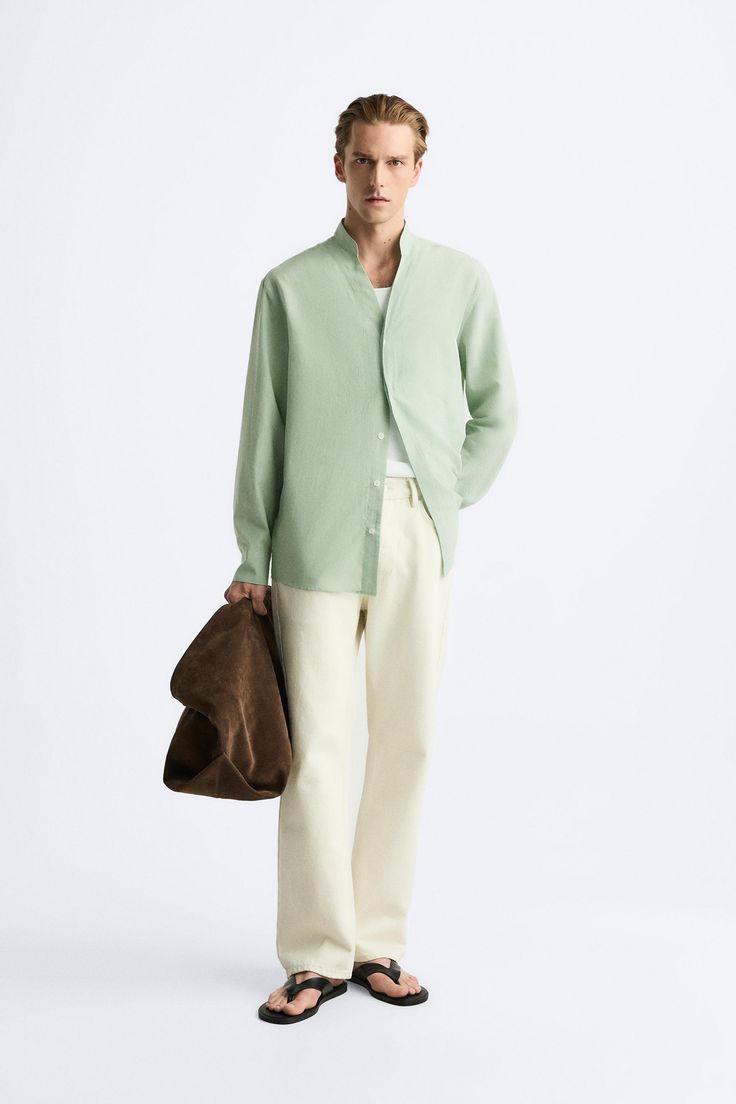 COTTON - LINEN BLEND SHIRT - Lime green | ZARA United States Summer Shirt With Fold Down Collar, Casual Spring Shirt With Stand Collar, Linen Shirt With Concealed Placket For Workwear, Workwear Linen Shirt With Concealed Placket, Green Stand Collar Top For Spring, Casual Green Blouse With Stand Collar, Casual Cotton Blouse With Concealed Placket, Layering Cotton Tops With Placket, Spring Shirt With Stand Collar And Buttons