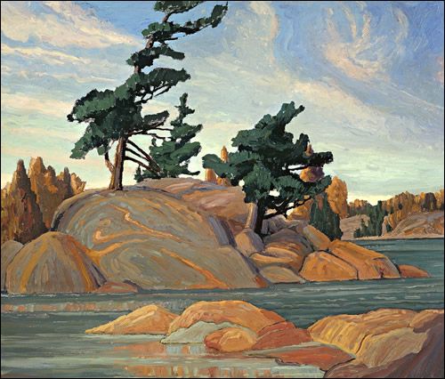 an oil painting of trees on a rocky shore