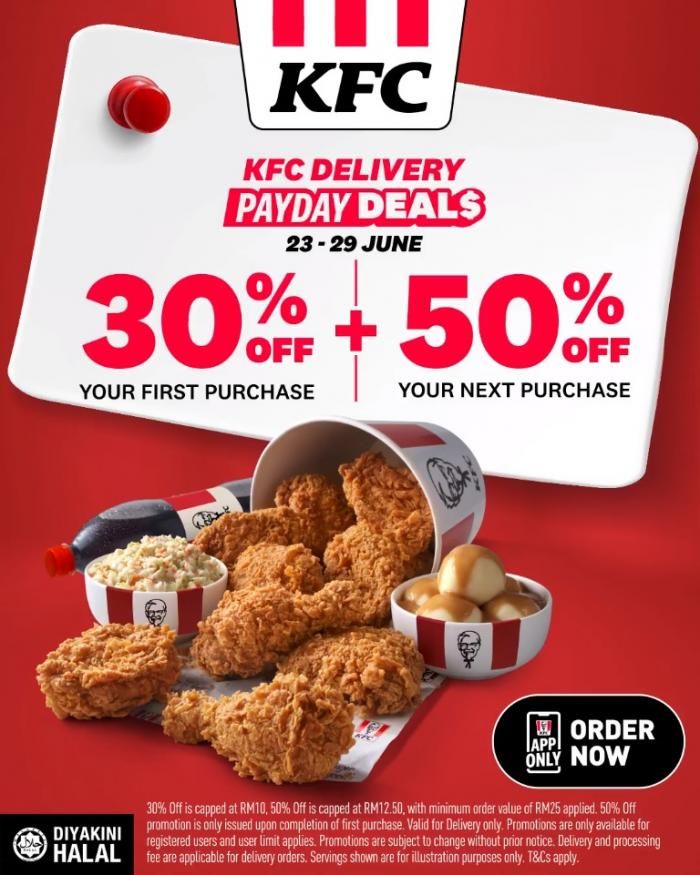 the coup for kfc's payday deal is $ 30 off and 50 % off your first purchase