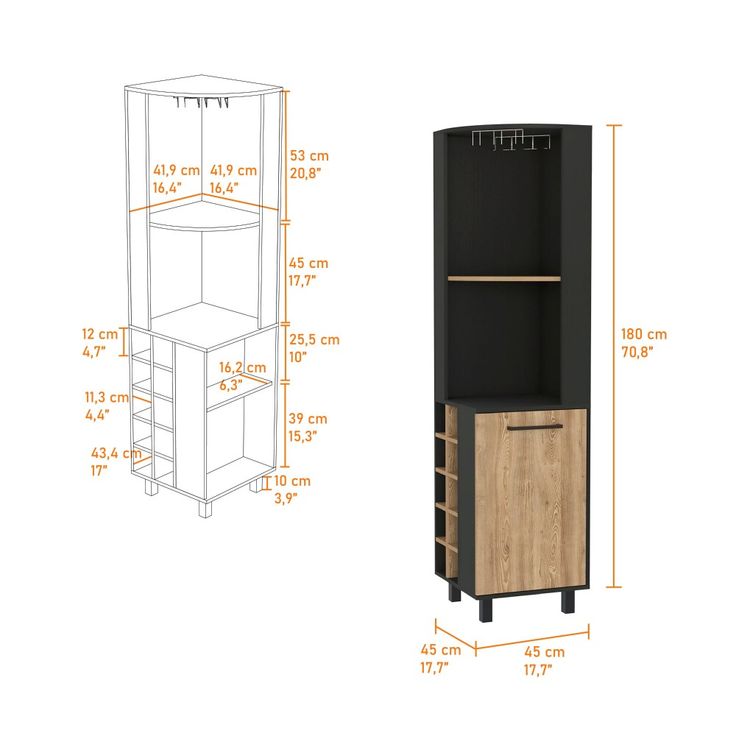 a tall wooden cabinet next to a drawing of the measurements for it's doors