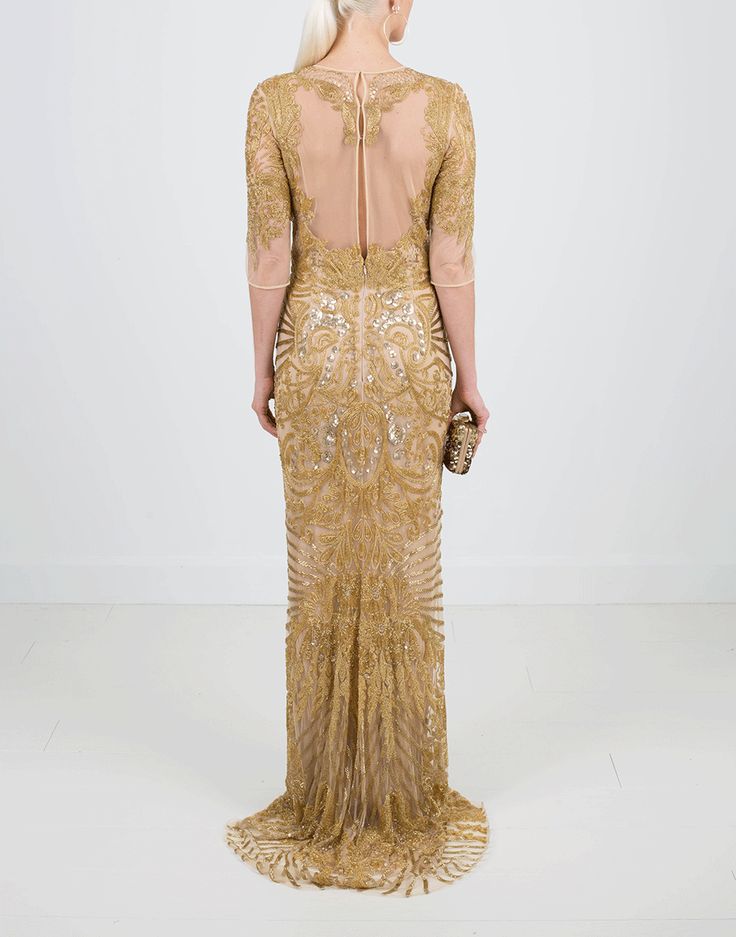 NAEEM KHAN CLOTHINGDRESSGOWN GOLD / 6 Illusion Neckline Embroidered Gown Luxury Gold Dress With Sweep Train, Luxury Gold Gown For Gala, Luxury Gold Embellished Evening Dress, Glamorous Embroidered Evening Dress For Wedding, Glamorous Embroidered Wedding Evening Dress, Luxury Gold Gown With Sequins, Gold Gown With Gold Embroidery For Reception, Luxury Gold Sequin Gown, Luxury Gold Floor-length Evening Dress