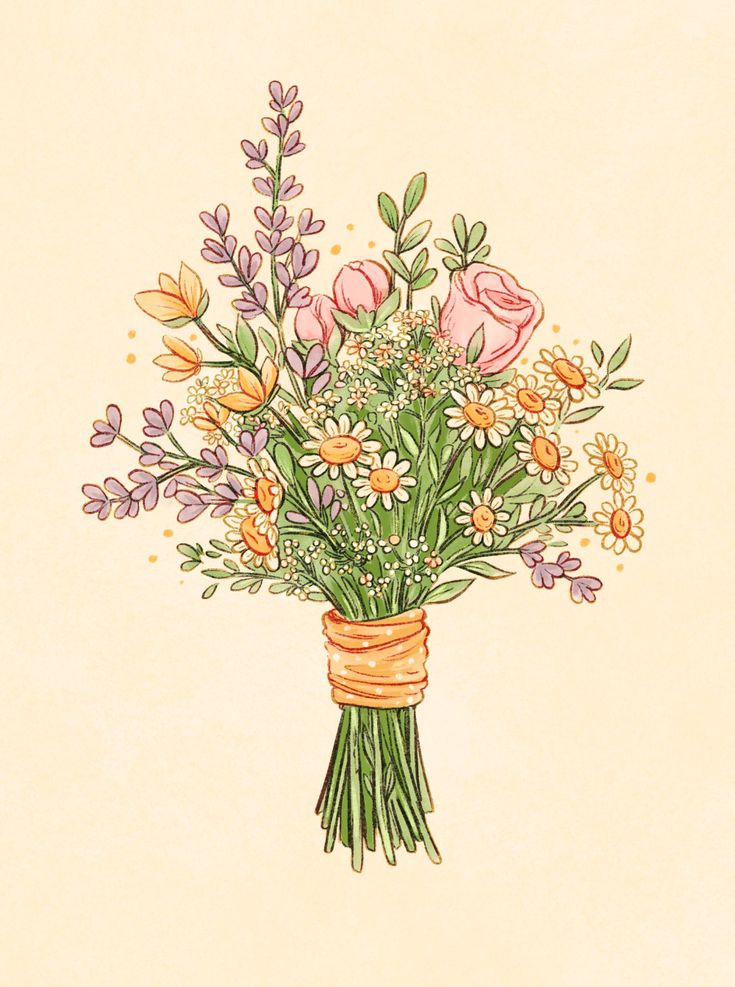 a drawing of a bouquet of flowers tied to a brown ribbon on a beige background