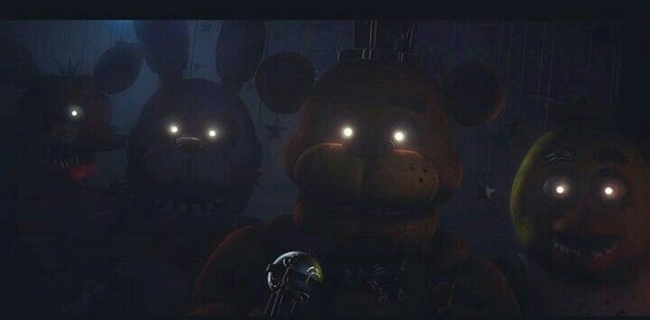 three creepy looking teddy bears with glowing eyes in a dark room, one staring at the camera