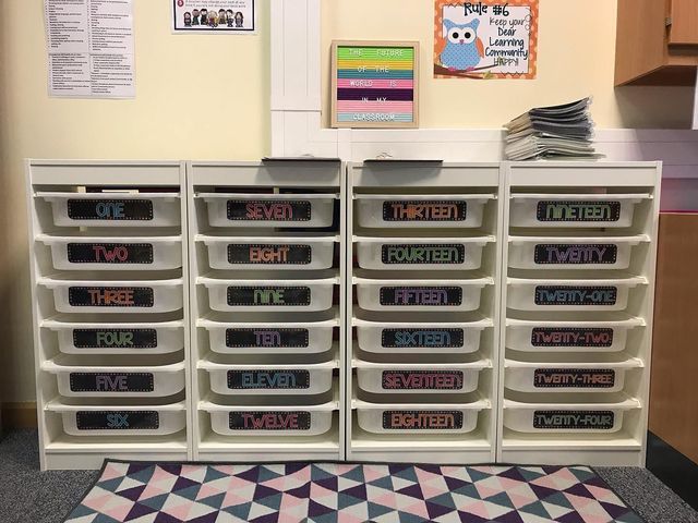 several drawers with labels on them in an office