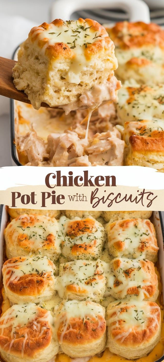 chicken pot pie with biscuits in a casserole dish