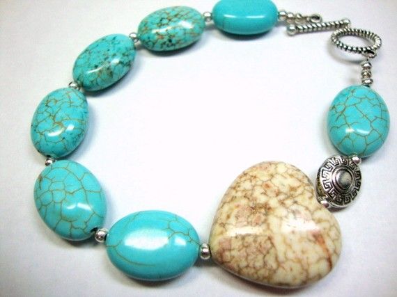 Turquoise Heart and Silver Bracelet by MommaGoddess on Etsy, $25.00 Turquoise Bracelets With Heart Beads For Jewelry Making, Turquoise Heart Beads Bracelet, Turquoise Heart Beads Bracelet Gift, Turquoise Heart Beads Bracelet As Gift, Turquoise Heart Beads Bracelet For Gift, Handmade Turquoise Heart Bracelet, Bracelets Design, Turquoise Heart, Chunky Jewelry