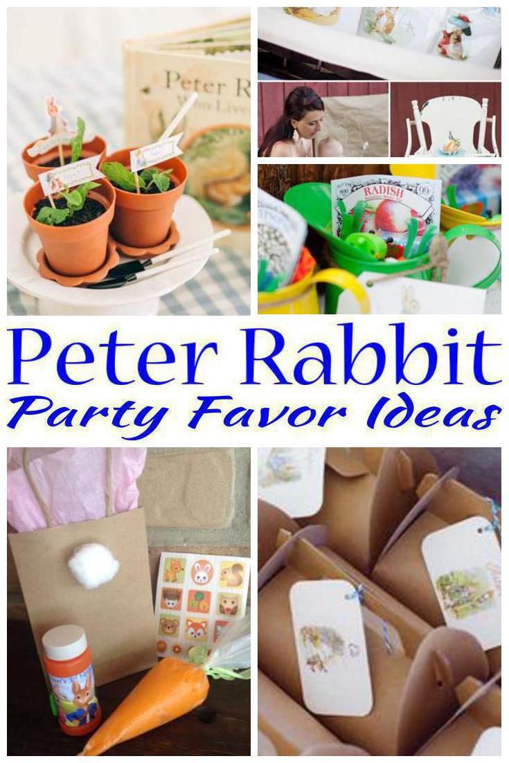 a collage of photos with the words peter rabbit party favors and pictures on them