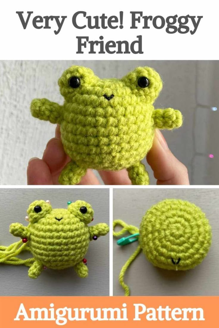 an amigurmi frog is crocheted in green yarn and sits on top of the